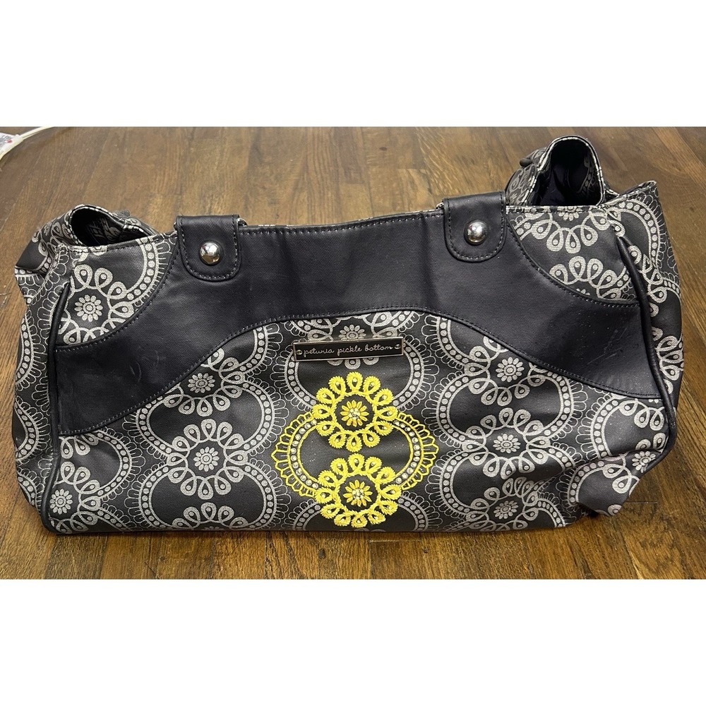 Petunia Pickle Bottom diaper bag Black & Grey Yellow Embroidered Floral Large